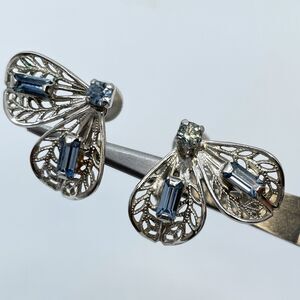 Silver Tone Screw Back Earrings Blue Rhinestone Filigree Butterfly Shape Boho